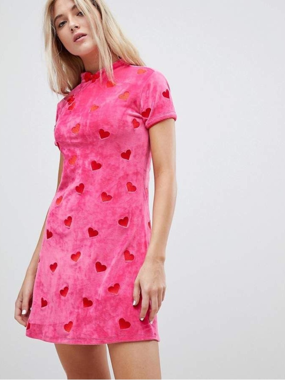 Lazy Oaf hot pink velour embroidered hearts mini dress